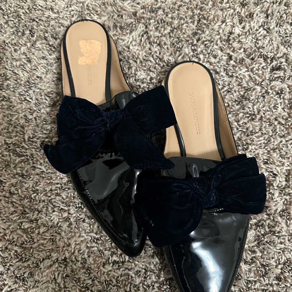Women's Black Patent Leather Mules with Bow